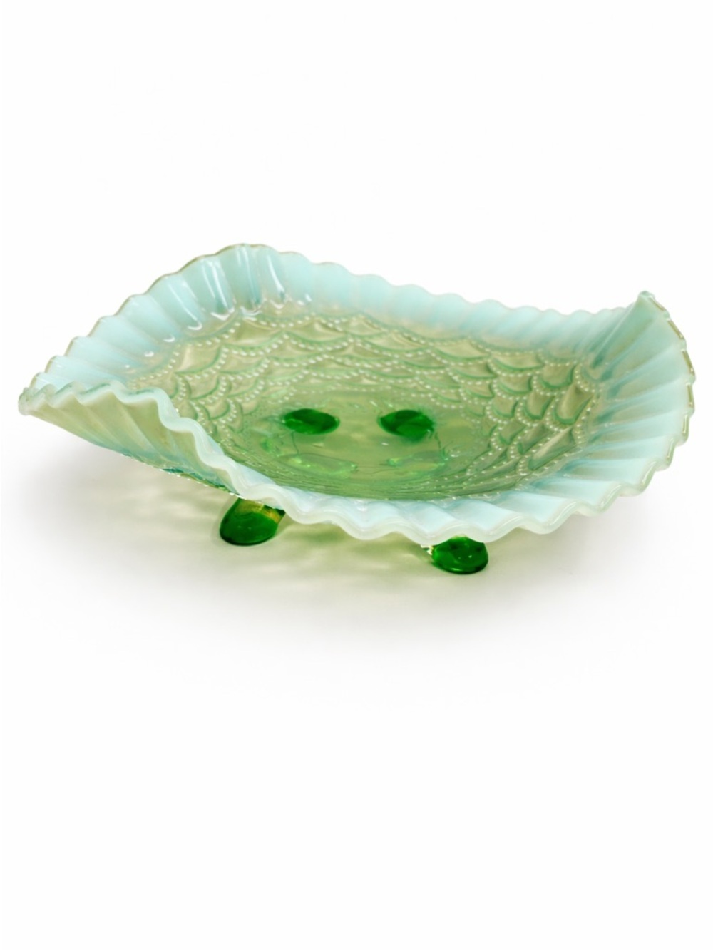 Antique Northwood Green Opalescent Drapery Bowl 3-Footed Vaseline Uranium 8"